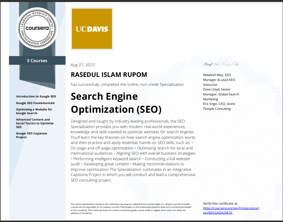 Search Engine optimization Expert - Rasedul Islam Rupom- Carier Certificate- University of California - Rasedul islam